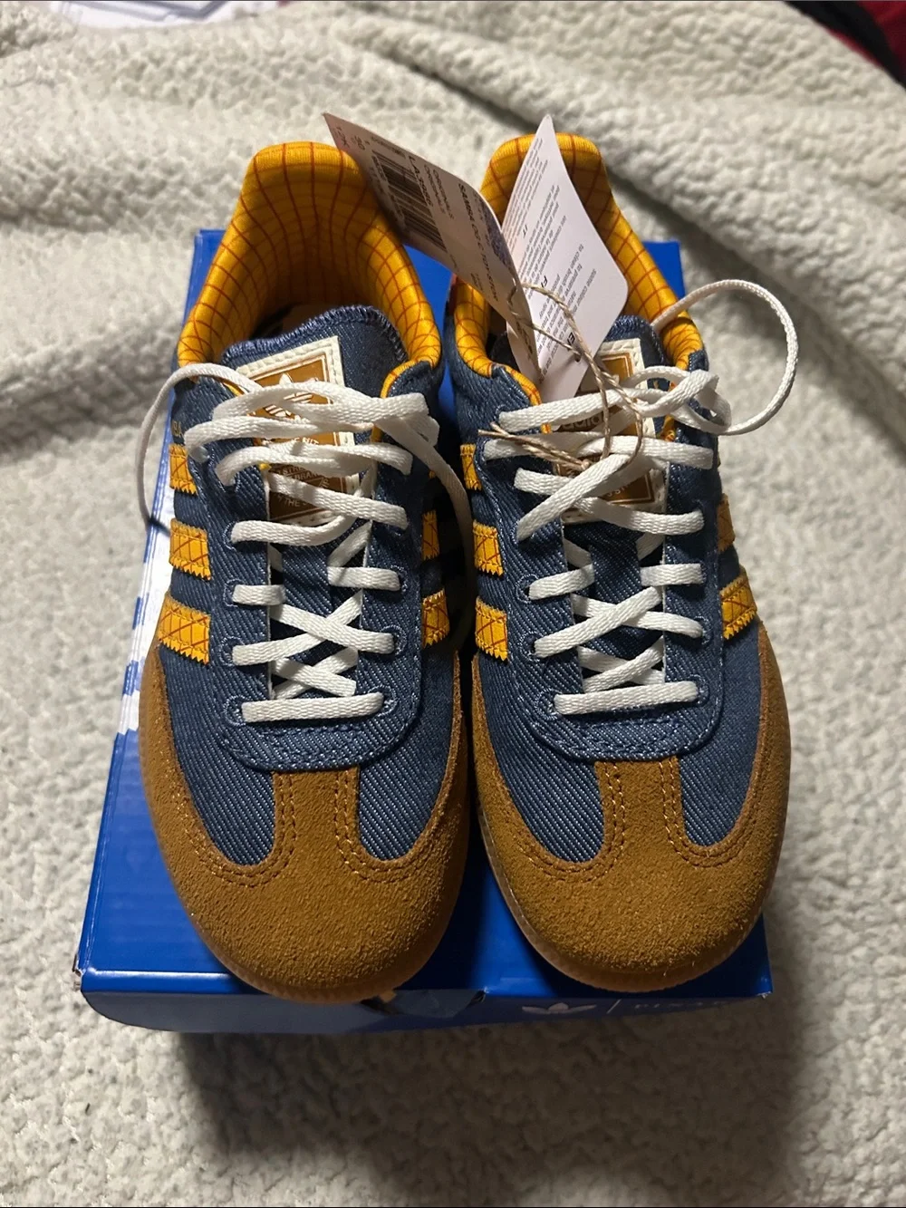 Kids Brown and Blue Toy Story 5 Adidas Sneakers with Yellow Accents